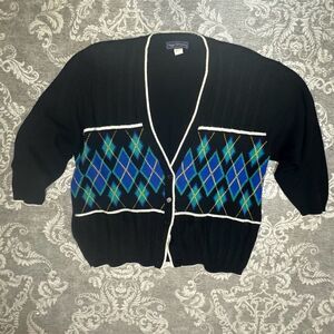 Vintage Maggie McNaughton 3XL Argyle Cardigan Sweater Black Women’s